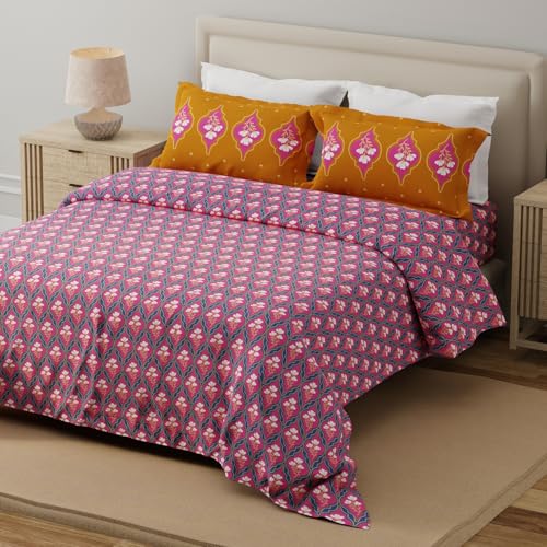 Image of Layers 100% Cotton for Double Size Bed | 120 TC Floral, Soft, Breathable, Machine Washable Bedsheet with 2 Pillow Covers | Forever Collection (224 x 254 cm) - Blue & Pink