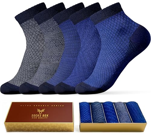 Image of Mens Ankle Socks, Premium Quality Bamboo Rayon Ankle Socks, Patterned, 5 Pairs, Gift Box, Size 8-13
