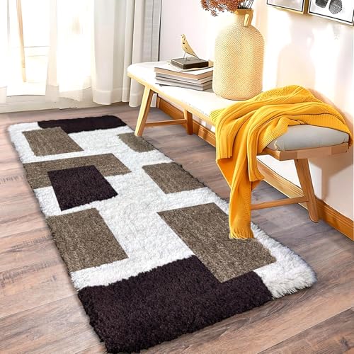 Image of Carpet for Hallway, Kitchen, and Modern InteriorsCarpetCozy Shag Runner for Living Room, Bedroom & Office Decor ETC Size 1.5x4 feet, Patten-Solid Brown Box