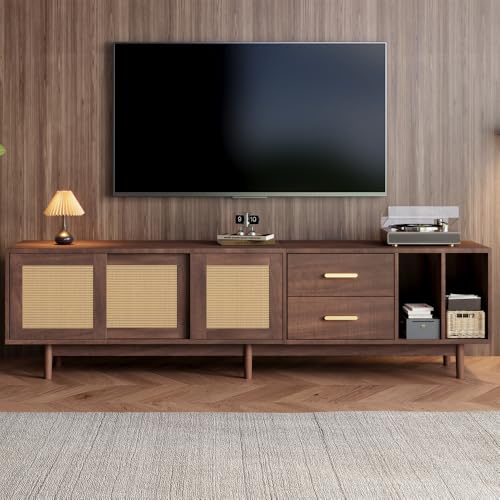 I0I&I0I Mueble bajo para TV de ratán MDF 6 patas multifuncional salón TV hasta 75 pulgadas cajones compartimentos abiertos para libros de medios decoración 193