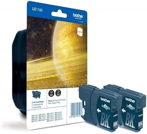 Brother LC-1100BK Cartuchos de inyección de tinta, negro, paquete doble, rendimiento estándar, incluye 2 cartuchos de inyección de tinta,