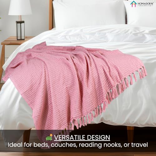 Image of HOMADORN Waffle Weave Cotton Throw Blanket - Lightweight, Breathable & Cozy for Sofa or Bed (100% Cotton)(50X60 Inches) Pink