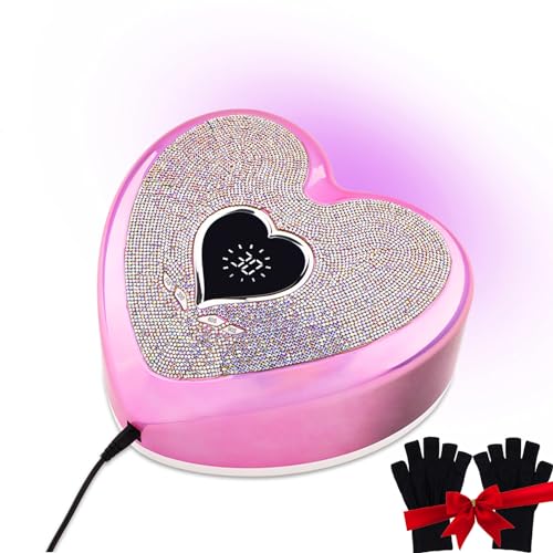 FRUJCDKI Nail Lamp, 96W Rechargeable UV Light for Nails/Acrylic Polish, LED Nail Lamp with 4 Timer Modes, Sparkling Heart Shape UV Nail Lamp Decorate with Colorful Nail Rhinestones Diamond (Pink)