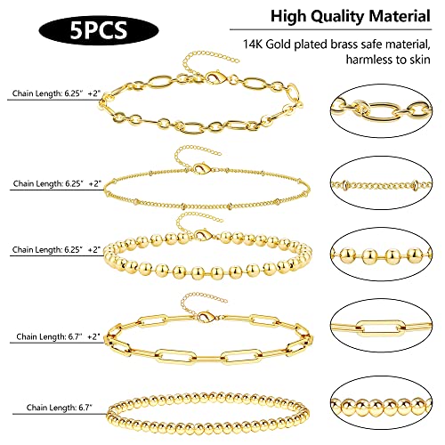 14K Gold Chain Bracelets Set For Women Girls, Dainty Gold Paperclip Link Bead Bracelet Stackable Layered Bracelets Metal Fashion Jewelry (5 Pcs) #TOP3