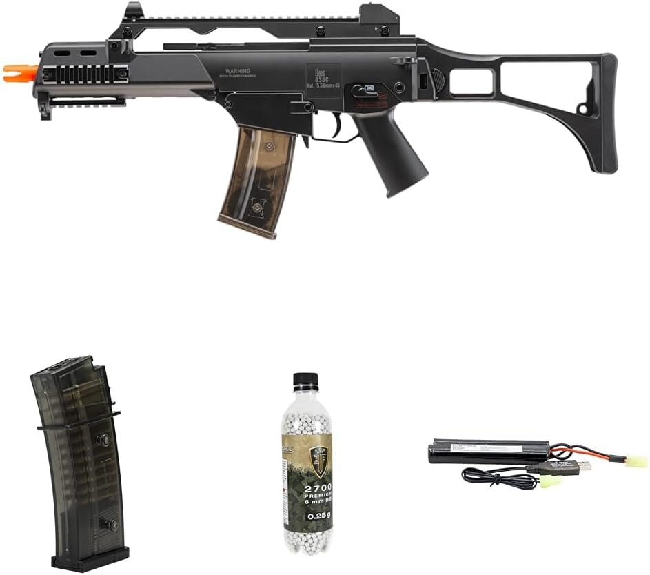 Bundle of HK G36C AEG Rifle with EyeTrace Tracer and Hi-Cap Magazine and Elite Force 6mm BB Ammo and Starter Power Pack with Battery and USB Charger Bundle