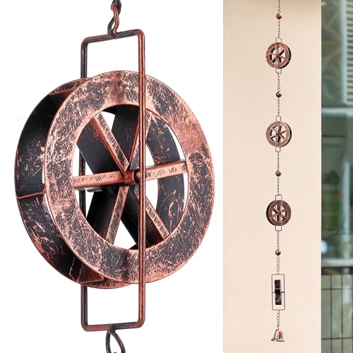 AINISIS 5.7 FT Water Wheel Rain Chains for Outside Bronze Rain Chain for Gutters Garden Decorative Rain Catche Chain Downspout