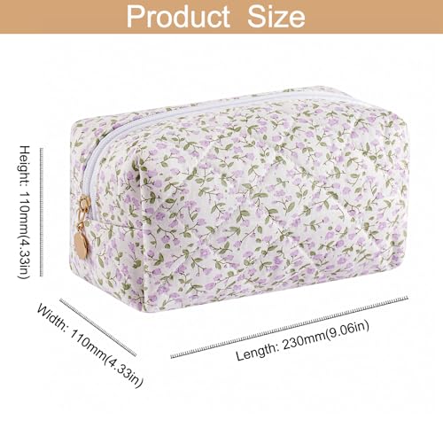 Cute Floral Cotton Makeup Bag for Women, Travel Cosmetic Bag Quilted Zipper Make Up Pouch, Pink Purple Floral Flowers Toiletry Organizer Kawaii Makeup Cosmetic Travel Cloth Bag (Purple)3
