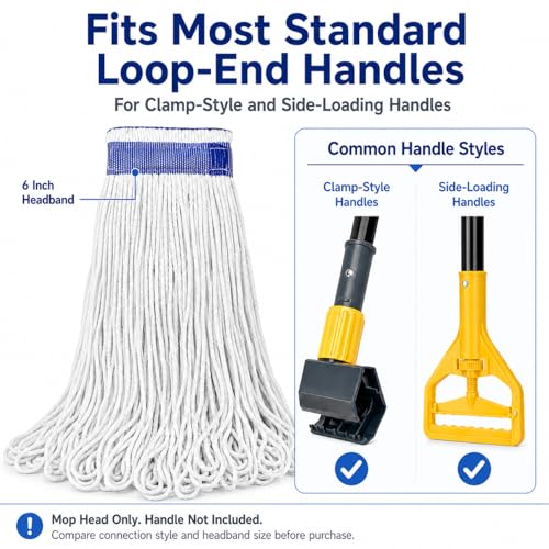 Image of 24 oz Loop-End Cotton String Mop Head, Heavy Duty String Mop Refills, 6 Inch Headband, Mop Head Replacement for Home, Industrial and Commercial Use (white-6pc)