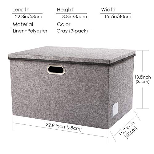 PRANDOM Extra Large Collapsible Storage Bins with Lids [3-Pack] Linen Fabric Foldable Storage Baskets Boxes Organizer Containers Cube with Cover for Bedroom Closet Office Nursery (22.8x15.75x13.8) - Thumbnail 6