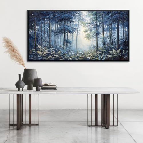 Image of Forest Canvas Wall Art for Living Room - Navy Blue Bedroom Wall Art, Landscape Pictures Wall Decor, Forest Painting, Framed Nature Tree Artwork Walls 29x58IN