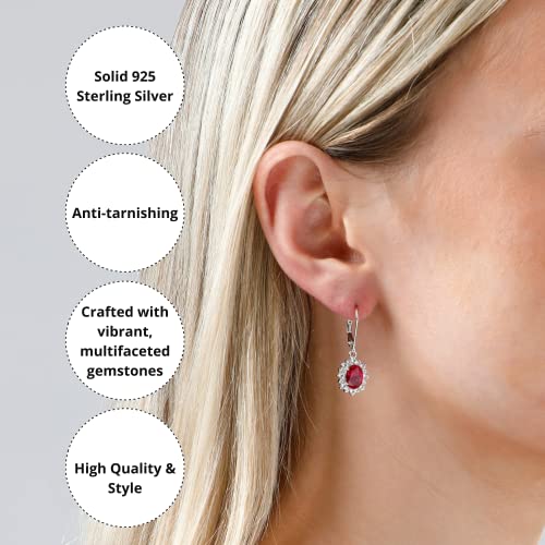 925 Sterling Silver Halo Sunburst Created Red Ruby Oval Dangle Earrings For Women 8X6Mm July Birthstone With Leverback White Topaz Accent Stones By Max + Stone #TOP2