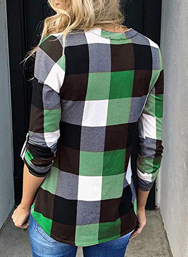 Dokotoo Womens Plus Size Spring Summer Fall Fashion Casual Ladies Basic Cotton Cuffed 3/4 Long Sleeve Plaid Print V Neck Work Tops Tunic Blouses T Shirts For Women 2023 Green #TOP4
