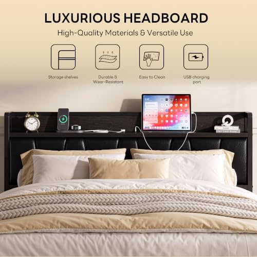 Image of LIKIMIO Queen Bed Frames, PU Leather Storage Headboard with Charging Station, Solid and Stable, Noise Free, No Box Spring Needed, Easy Assembly, Black