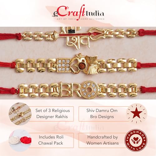 Image of eCraftIndia Set of 3 Lord Shiva, Om, Bro Designer Religious Rakhis for Brothers with Chocolate, Zuzy Almond Choco Box, Roli Chawal Pack, Raksha Bandhan Greeting Card