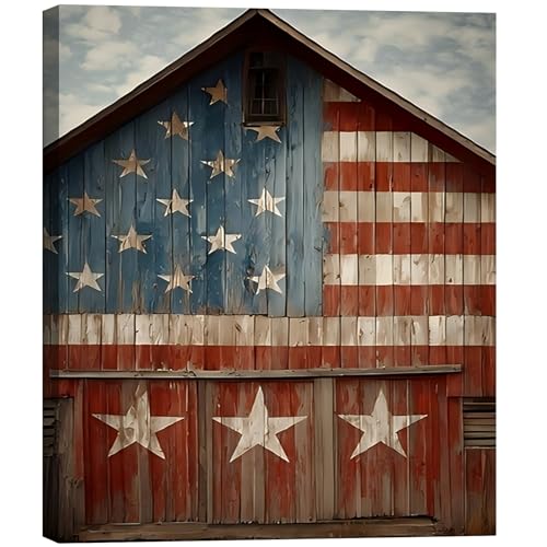 Image of RIBNTAK Rustic American Flag Barn Canvas Wall Art, Vintage Patriotic Farmhouse Artwork Pictures, Americana Country Wall Decor for Living Room Bedroom Entryway Office