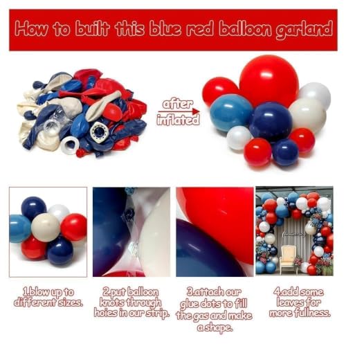 Image of Navy Blue Red White Balloon Arch, Double Stuffed Royal Blue Red White Sand Balloon Garland Kit for Birthday 4th of July Independence Day Patriotic Baby Shower Baseball Nautical Graduation Party Decor