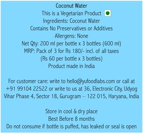 Image of Yu Foodlabs - 100% Natural Coconut Water - Zero Preservatives - No Added Sugar - 200Ml (Pack Of 18)