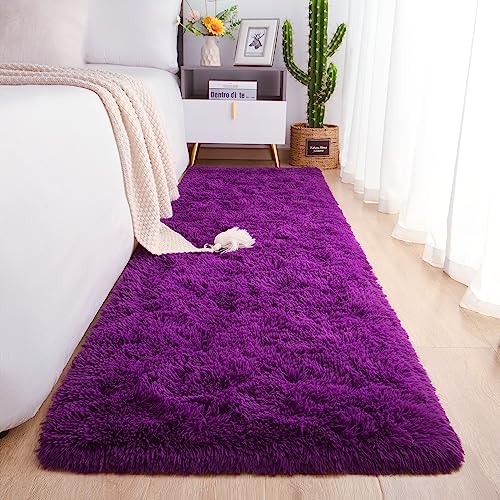 Chicrug Soft Runner Rugs for Bedroom Living Room Plush Fluffy Rug 2x6 Feet, Shag Furry Area Rug Carpet Non Shedding for Nursery Children Kids Girls Room Home Decorative, Dark Purple