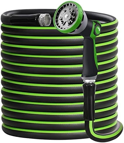 Heavy Duty Garden Hose 5/8" Super Flexible Water Hose with 10 Function Sprayer Nozzle 3/4" Solid Fittings Leakproof Hose 450 Burst PSI Watering Pipe Car Wash (50FT, Black+Green)