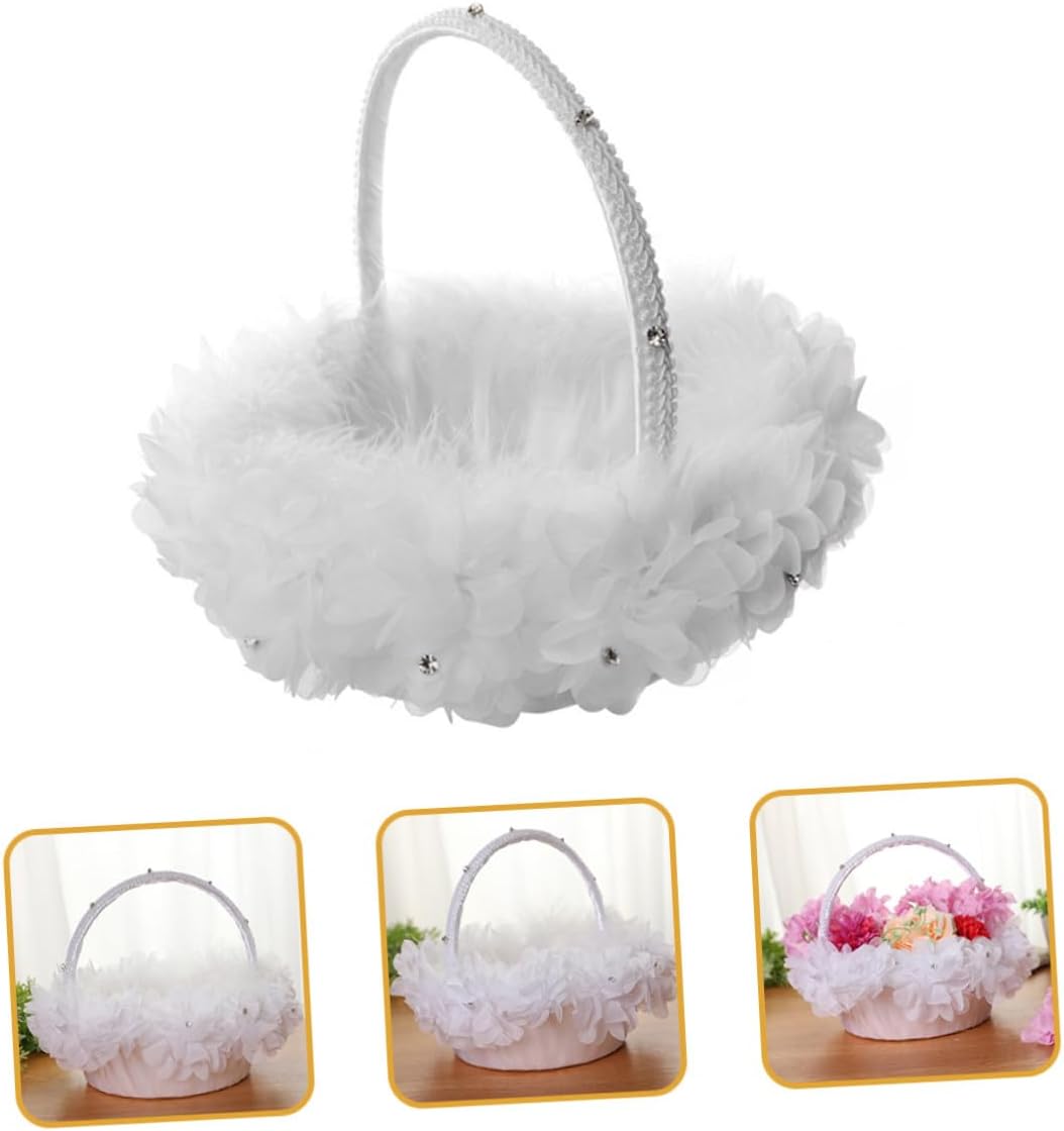 Healeved Flower Girl Basket with Lace Rose Floral Design, White Wedding Ceremony Basket with Handle, Decorative Wedding Party Supplies for Flower,