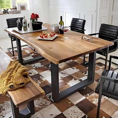 SJIOUEOT Mesa de Comedor Industrial de Madera Maciza, Mesa de Cocina de Granja, Mesa de Comedor Grande Rectangular, Mesa de Centro con Patas de Metal for 4-6 Personas