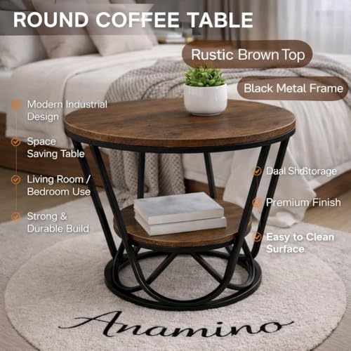 Image of Multi-Purpose Round Coffee Table Marble Look Sofa Tea Table 2-Tier Compact Center Table with Open Shelf Storage for Living Room Bedroom (Black Walnut)