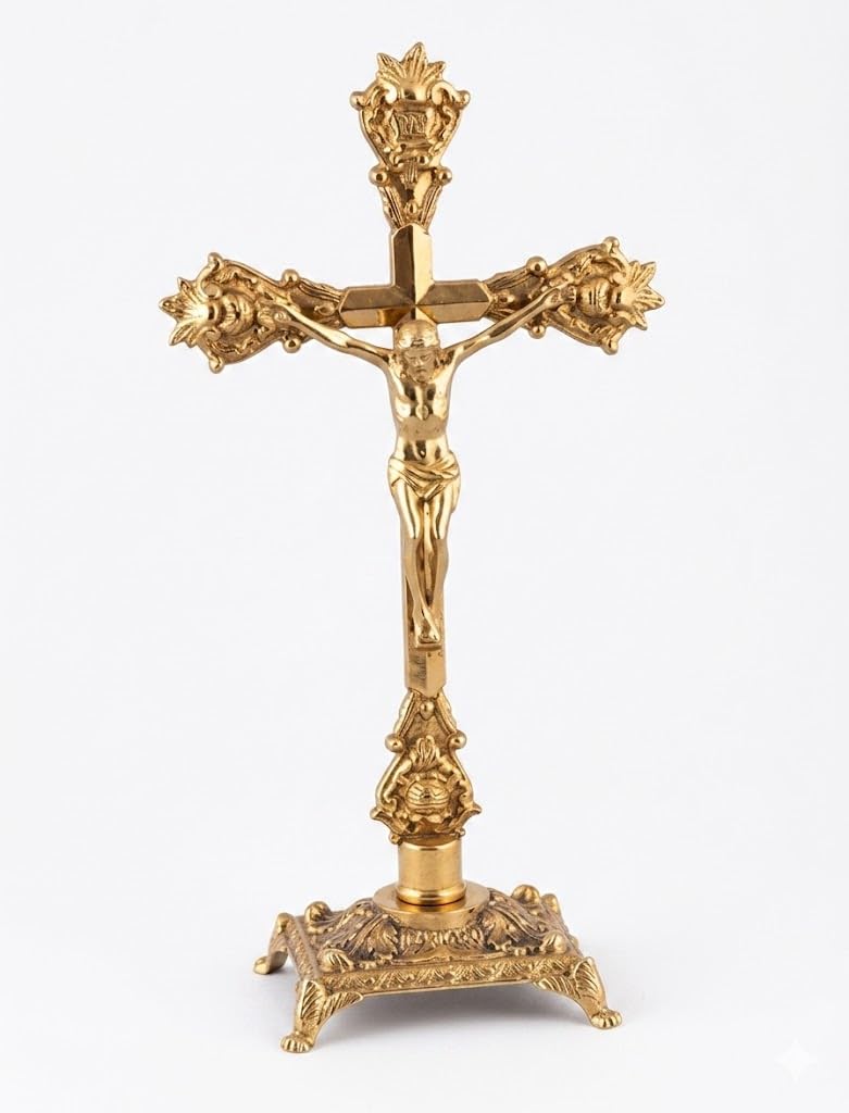 arterameferro Crocifisso in ottone lucido da tavolo con base per Altare Chiesa