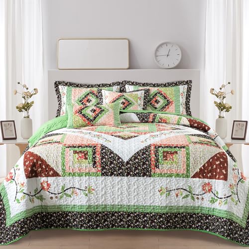 VAPUTAR Quilt Queen Size Bedding Set - Farmhouse Queen Size Bedspread Set for All Season, Lightweight Reversible Coverlet Quilt for Bedroom (90 × 98 Inch), Green
