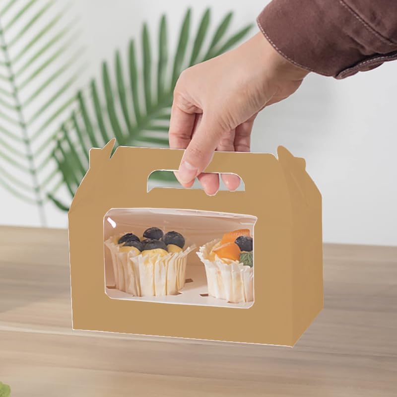 JIYIXhylera 100Pcs 16.5×9.5×9cm/6.49×3.74×3.54 inch Kraft Paper Cupcake Packing Box Christmas Gift Box with Clear Window 2 Cavity Muffin Cupcake Wedding Party Birthday Favors (100Pcs Kraft)