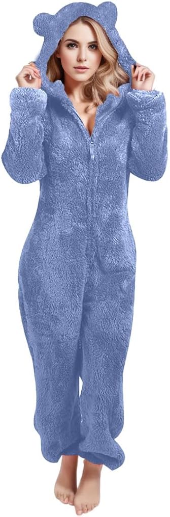 Womens Sherpa Lined Jumpsuit Fleece Pajamas Jumpsuit Winter Warm Lounge Romper One Piece Zipper Hooded Sleepwear