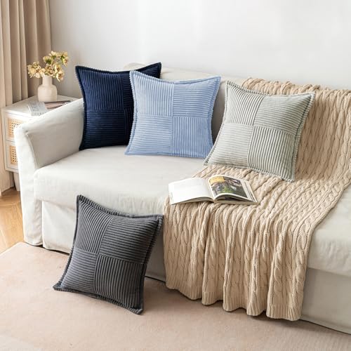 Image of MIULEE Decorative Throw Pillow Covers for Couch Bed Livingroom 18x18 Inch Set of 2 Light Blue Boho Accent Throw Pllows Broadside Striped Patchwork Soft Corduroy Pillowcases
