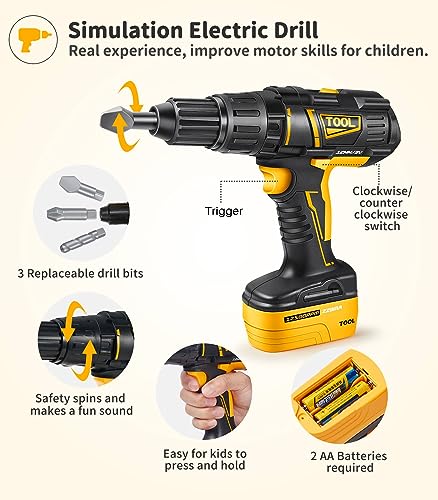 Geyiie Tool Set with Kids Tool Belt, Toddler Tool Set Bag with Electric Toy Drill 40 Pcs