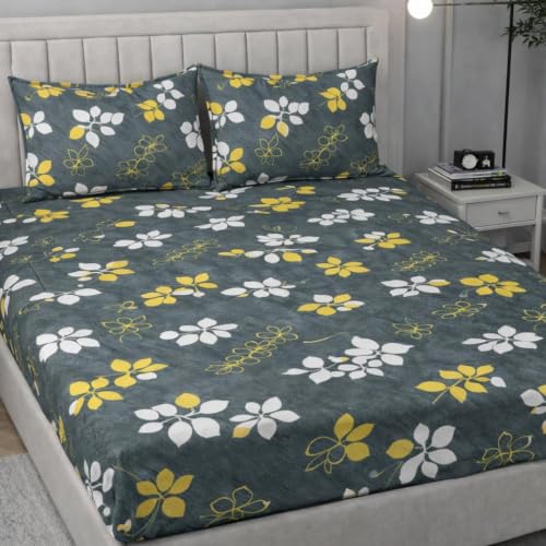 Image of 380 TC Premium Glace Cotton Elastic Fitted Bedsheet King Size with 2 Pillow Covers King Size | Double Bed with All Around Elastic (Grey Yellow, Fitted Queen-60x78)