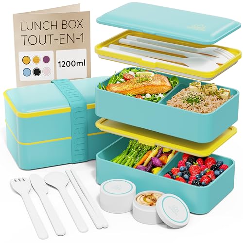 Umami Bento Lunch Box, Couverts & 2 Pots à Sauce Inclus, Boîte à Lunch Étanche, Lunchbox Adulte, Micro-Ondable, Boîte Repas Compartimentée, Turquoise...