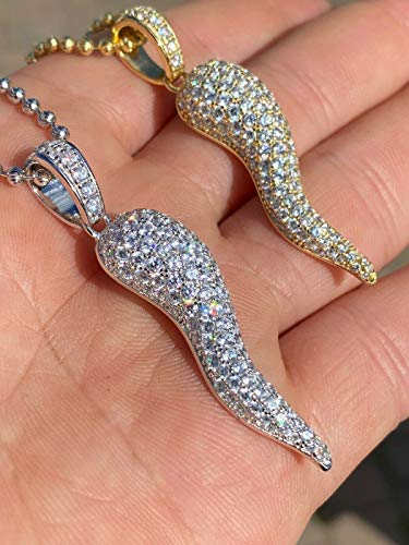 HarlemBling Solid 925 Sterling Silver - Natural Or 14k Gold Finish - Italian Lucky Horn Cornicello Pendant - Large 2" Iced Hip Hop Piece Great For Any Necklace2