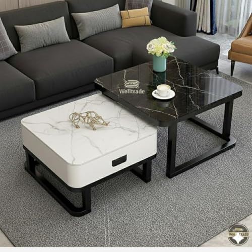 Image of WROUGH IMPEX Modern Nesting Coffee Table Set of 2 MDF Top with Storage Drawer and Metal Frame | Space Saving Center Table for Living Room Furniture for Modern Living Room (Black White..)