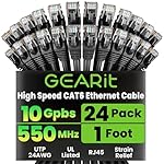 GEARit Cat 6 Ethernet Patch Cables 1 ft Black (Cat 6 Ethernet Cables 1 ft 24-Pack), CAT6 High Speed 24AWG 10Gbps RJ45 Snagless Gold-Plated, Ethernet Cable for Router, Switch, PC, PS5 Gaming, Server