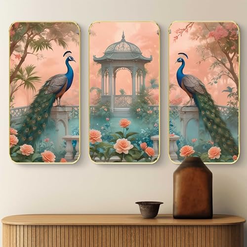 Image of Livin'luxe Set of 3 couple Peacock modern art Boho painting Premium Framed Laminated Wall paintings for living room, bedroom, home decoration, wall decoration 20 inch x 30 inch SP-33