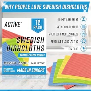 Swedish Dish Cloths for Kitchen - ACTIVE 12 Pack Cellulose Sponge Cloth, Washable Dishcloths for Washing Dishes, Original European Dish Towels, Absorbent Reusable Paper Towels - Multicolor Assorted