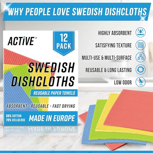 Image of ACTIVE Swedish Dish Cloths for Kitchen 12 Pack Cellulose Sponge Cloth, Washable Dishcloths for Washing Dishes, Original European Dish Towels, Absorbent Reusable Paper Towels - Multicolor Assorted