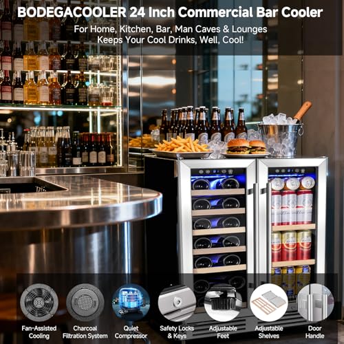 BODEGA 24 Inch Wine and Beverage Refrigerator, Dual Zone Wine and Bar Beverage Cooler, Commercial Black Bar Cooler With 2 Glass Doors, Bar Fridge Hold 19 Bottles and 57 Cans,Built-In or Freestanding. on Fridge.com
