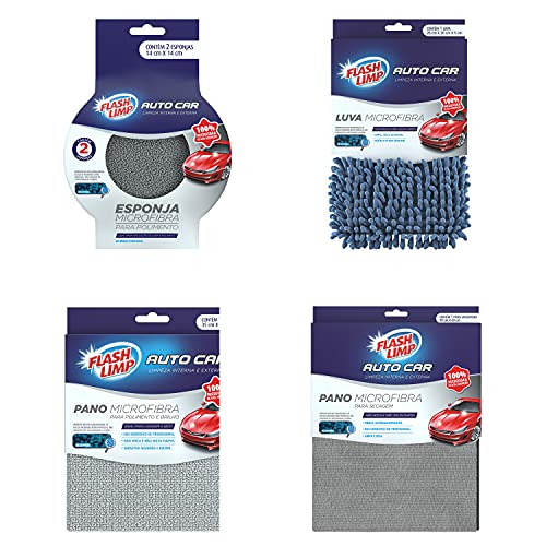 Conjunto Limpeza Automotiva 4 peças, Limpar, Secar, Encerar e Polir. KIT0013, Flash Limp, CINZA