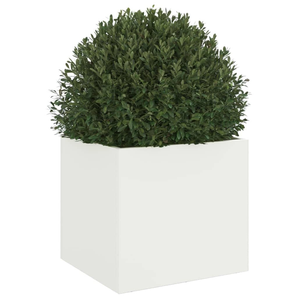 Macetero blanco de acero laminado en frío, 32 x 30 x 29 cm, con orificio de drenaje y platillo para jardín, balcón, terraza, interior y exterior para cultivo y decoración