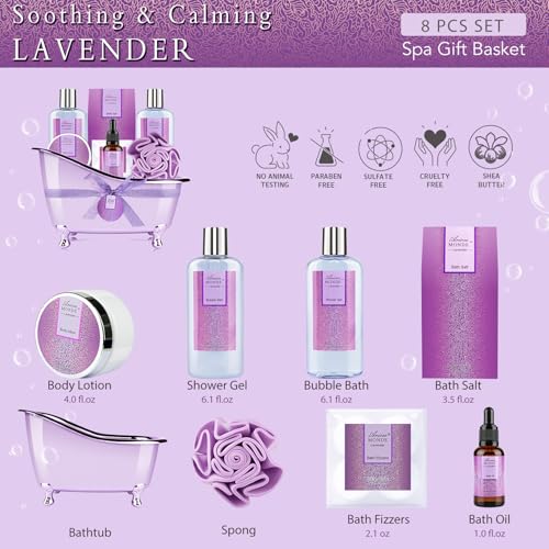 Bath-Spa-Basket-Gift-Set-Bath-Body-Gift-Set-for-Women-Lavender-Scent-Includes-Body-Lotion-Shower-Gel-Bath-Salts-Bubble-Bath-Bath-Fizzers-Bath-Oil-Birthday-Bath-Set-Gift-Idea