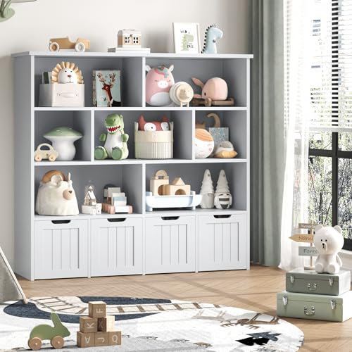 FINETONES Toy Storage Organizer, Large Toy Organizers and Storage with 4 Movable Drawers and 7 Storage Cubbies, Toy Chest Shelf Organizer with Hidden Wheels, Kids Bookshelf and Toy Storage, Grey