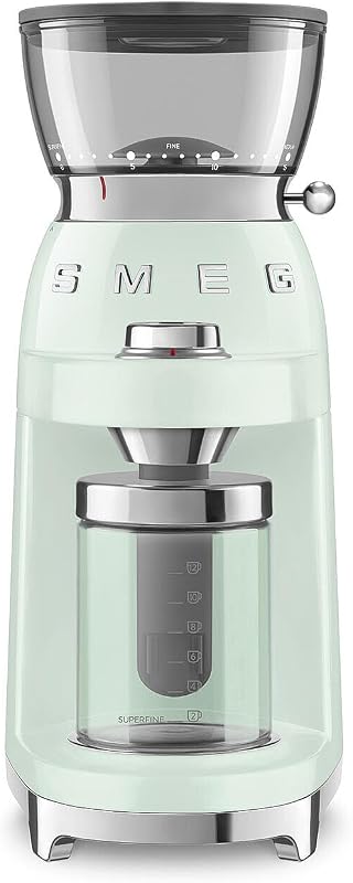 SMEG CGF03 Burr Coffee Grinder, Electric Conical Burr Grinder with 15 Grind Settings, 8 Presets, 240g Bean Hopper, Espresso, Moka & Drip Coffee Grinder, 50’s Retro Style (Pastel Green)
