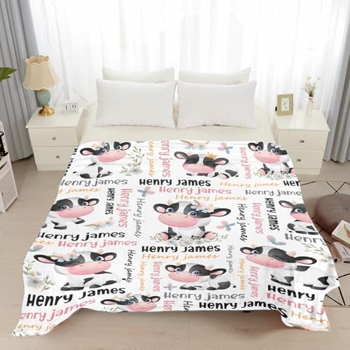 Image of Custom Cow Pattern Blanket, Personalized Cow Gifts for Boys Girls,Soft Flannel Animal Throw Blanket with Name,50 inchx60 inch for Teens