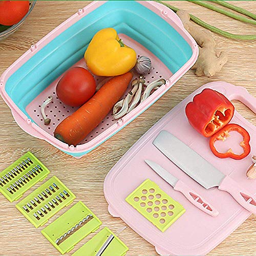 ANGEL’S. Cutting Board 9 in 1 Multifunctional and Collapsible Chopping Board with Washing Drain Basket, 2 Set of Knives Mandoline Slicer Graters and Strainer Foldable Cutting Board – Plastic