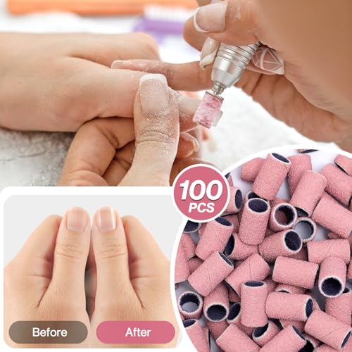 Image of MelodySusie 100 Pcs Nail Drill Bits Sanding Bands for Nail Drill 120 Medium Grit Nail File Sanding Bands for Acrylic Nails Gel Manicures and Pedicure, Pink
