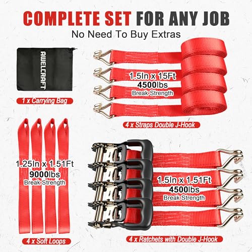 AWELCRAFT 1.5in x 15ft Ratchet Straps 4 Pack,4500lbs Heavy Duty Tie Downs by AWELCRAFT - Used condition - Image 7